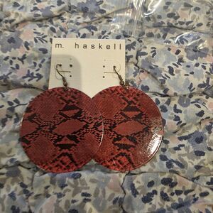 ​M. Haskell Red Snakeskin Print Round Disc Drop Statement Earrings Vintage Style